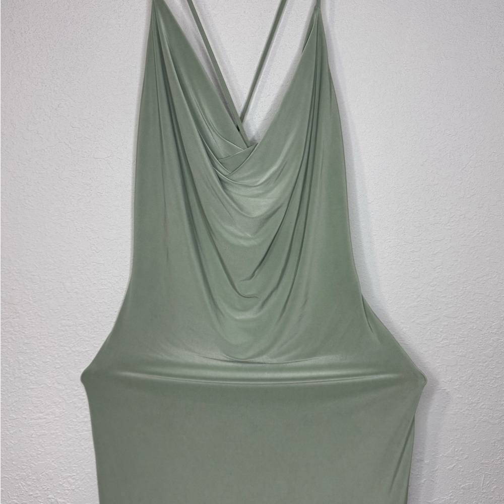 Sleek Sage Green Draped Halter Dress